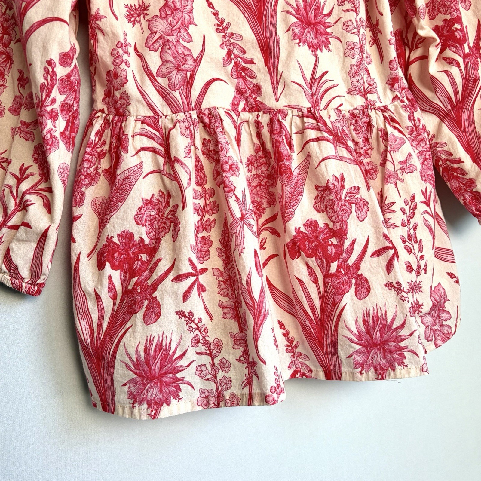 Victoria Dunn Floral Print LS Blouse XS Gathered Waist Square Neck Prairie EUC