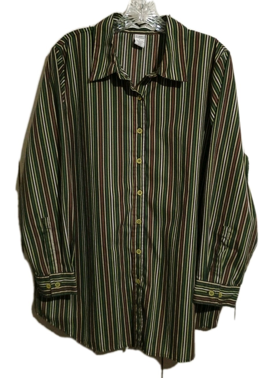 Roamans Striped Button Front Long Sleeve Shirt Brown Green Tan Women’s SZ Large