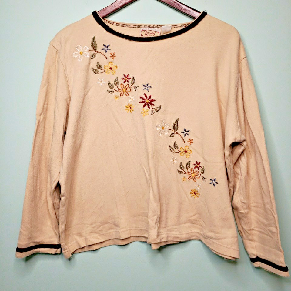 Decorated Originals Womens 3/4 Sleeve Embroidered Fall Floral Top Sz XL Retro