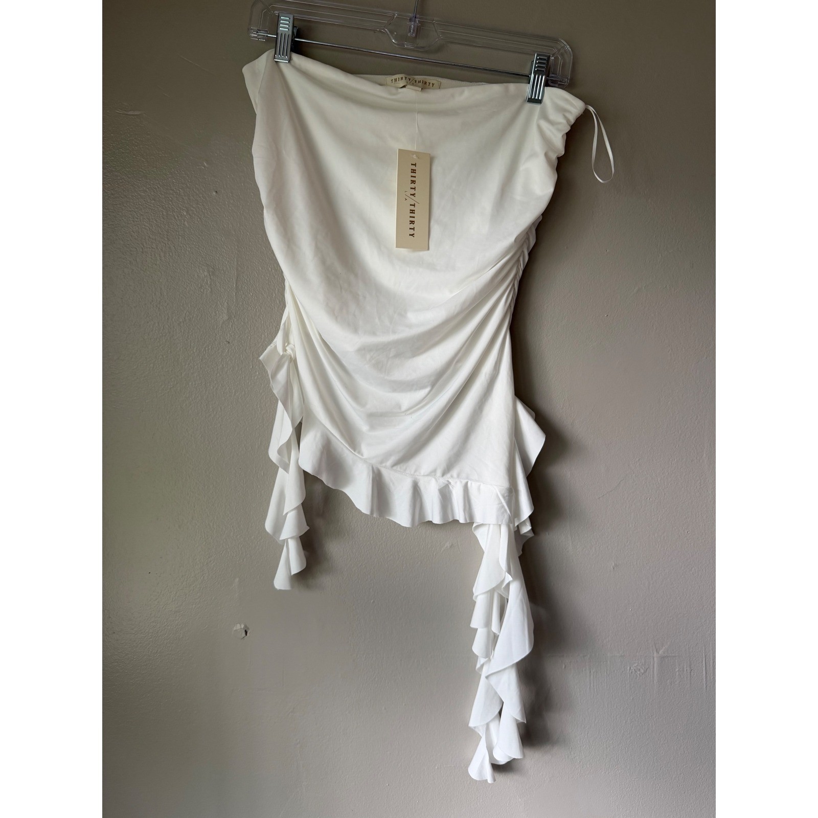 Thirty Thirty LA White Ruched Ruffle Asymmetrical Tube Top Large NWT