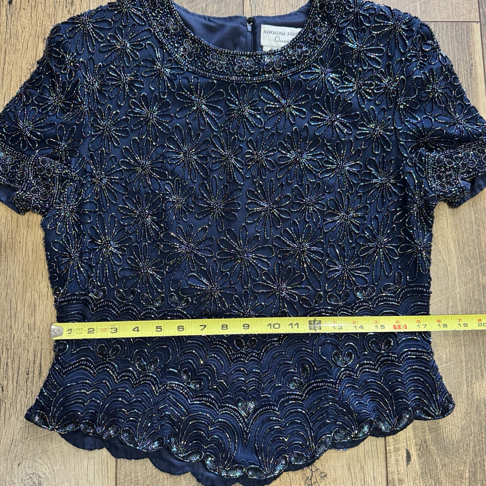 Vintage Papell Occasions Evening Navy Beaded Sparkle Top Blouse Shirt Silk SZ 12