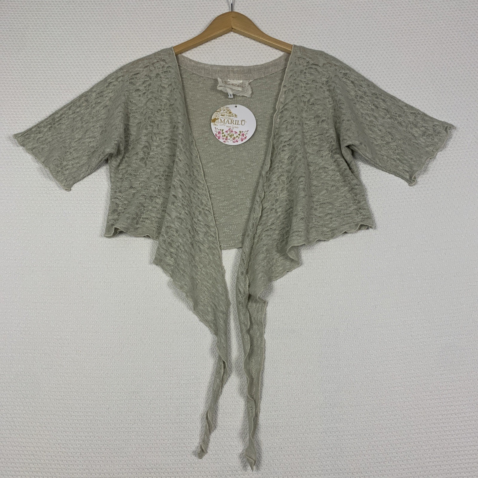Marilu Italy Hand Made Tie Front Wrap Top Small S Beige Open Knit Linen NWT