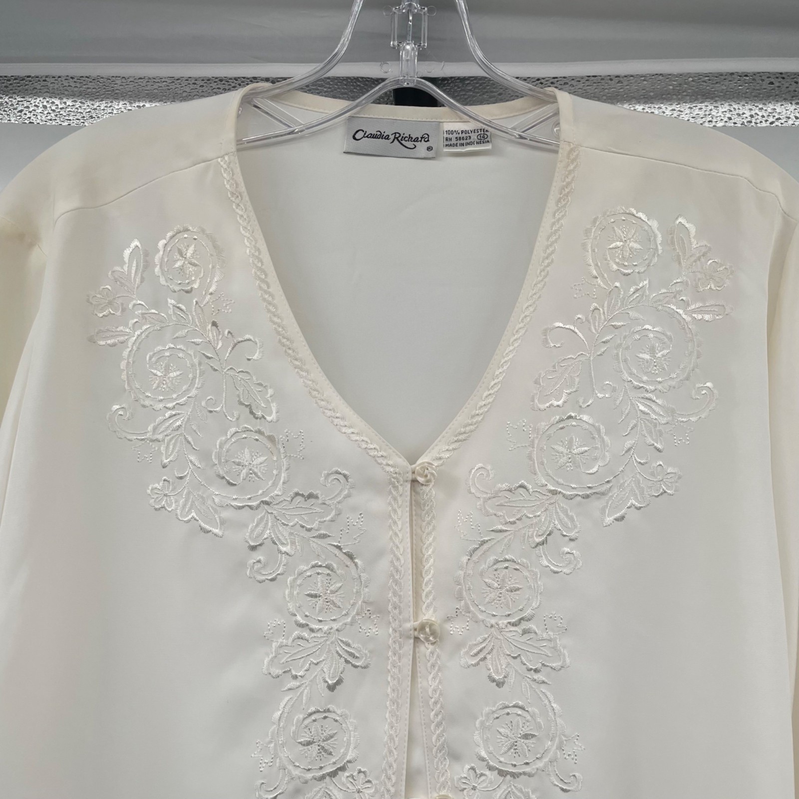 Claudia Richard Sheer Button Up Top Embroidered Long Sleeve Cream Size 14
