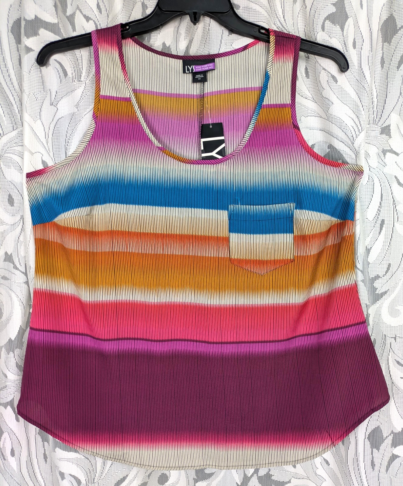 0X LYS LOVE YOUR STYLE SATIN STRIPES BRIGHT COLORS POCKET BLOUSE TANK TOP NEW