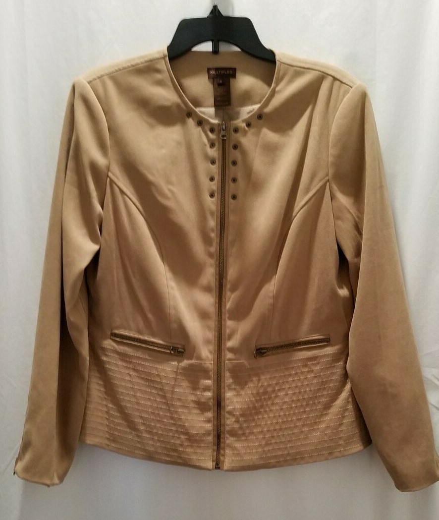 MULTIPLES BLAZER /JACKET STUDDED WITH ZIPPERS TAN MISSES SIZE MEDIUM #2526