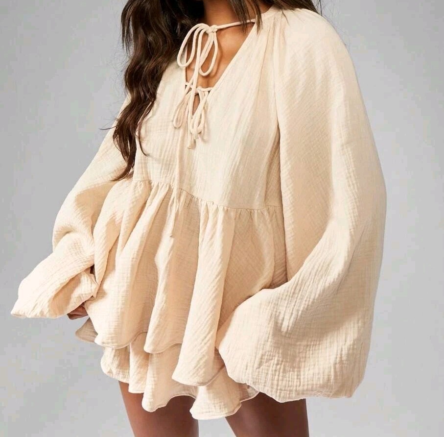 Missguided Bohemian Cheesecloth Tie-Front Shorts And Top Beige Size M EUC #667