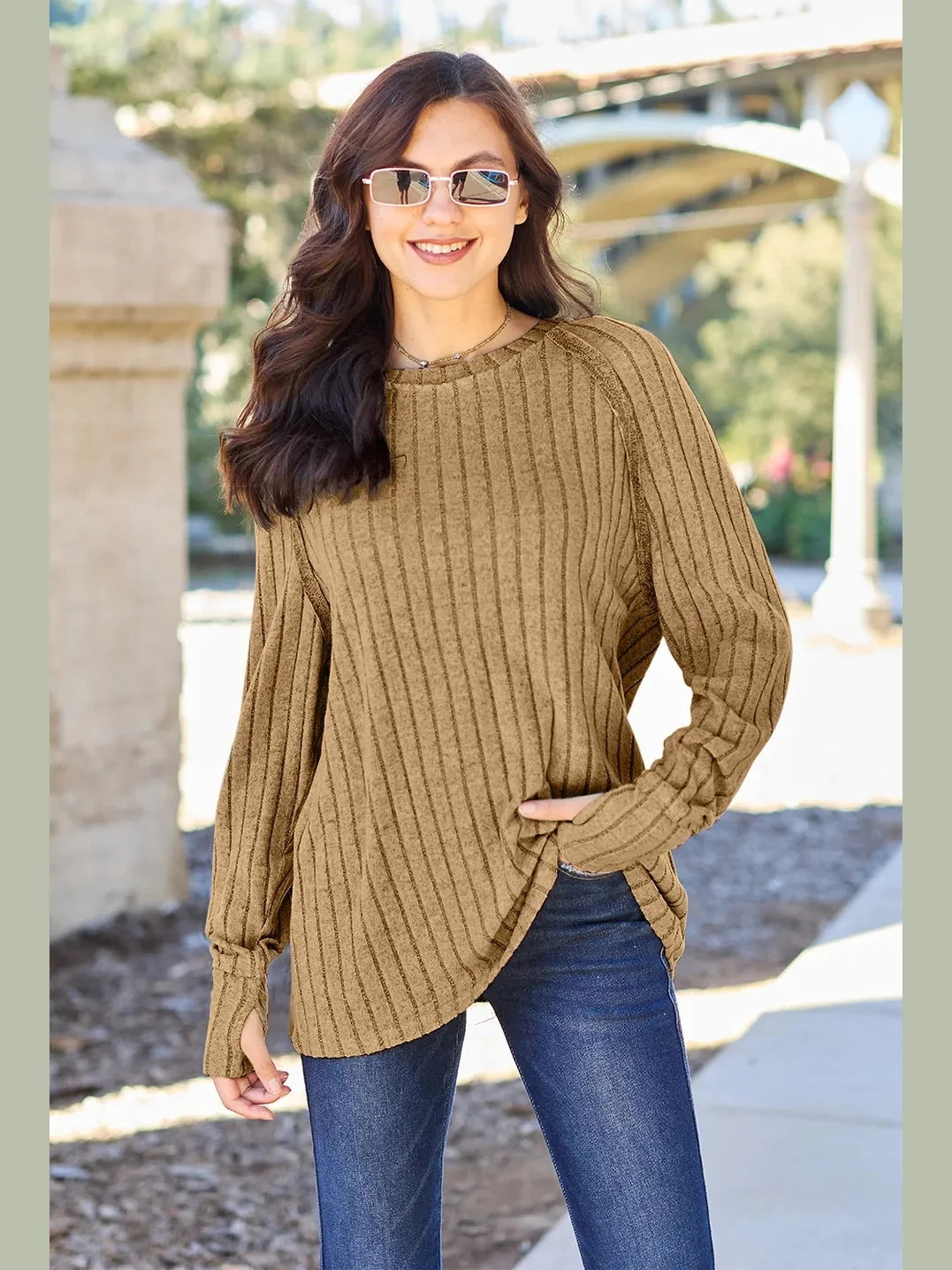 Basic Bae Full Size Ribbed Round Neck Long Sleeve Knit Top