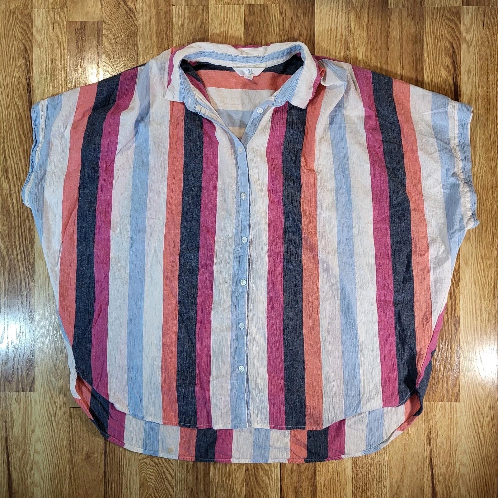 Linen V Shape Blouse Sz XL 16-18 Bold Stripe Coastal Beach Vacation