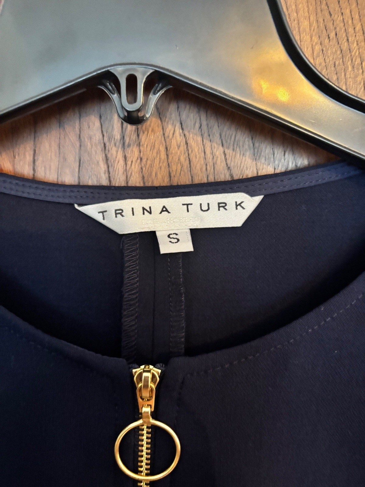Trina Turk Navy Blue 3/4 Sleeve Top with Front Zipper, Size S