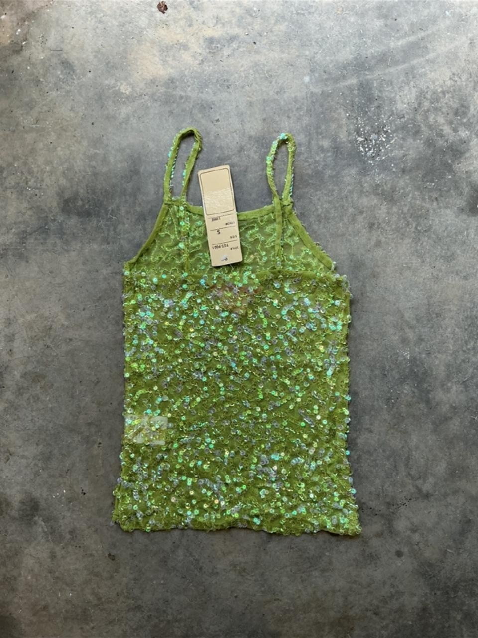 Y2K Deadstock Lime Green Sequin Cami Top | Sheer Sparkly Party Tank
