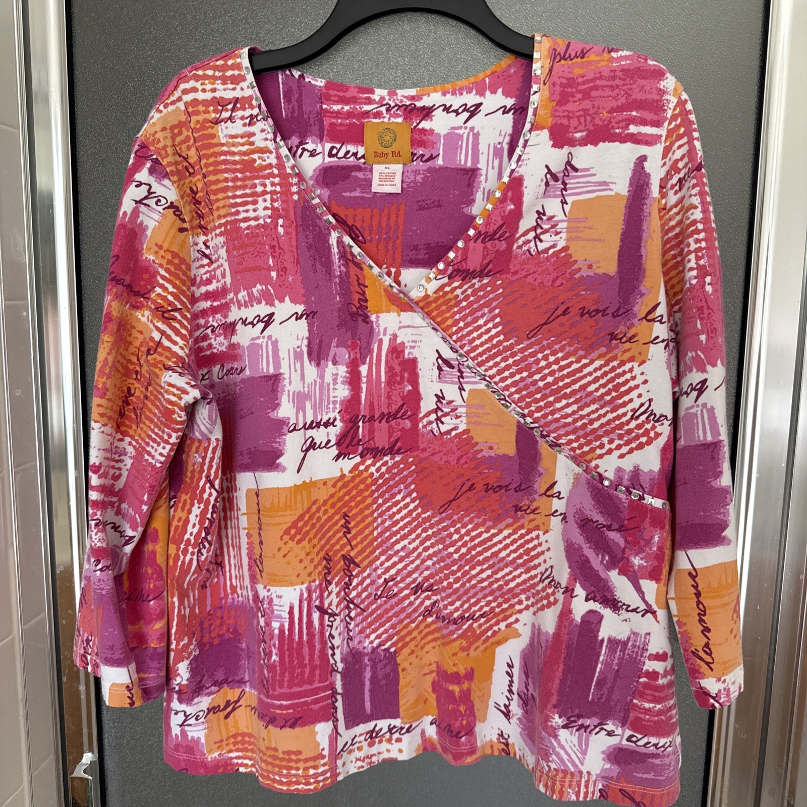 Ruby Rd XL Embellished V Neck Top 95% Cotton 5% Spandex 3/4 sleeves Multicolor