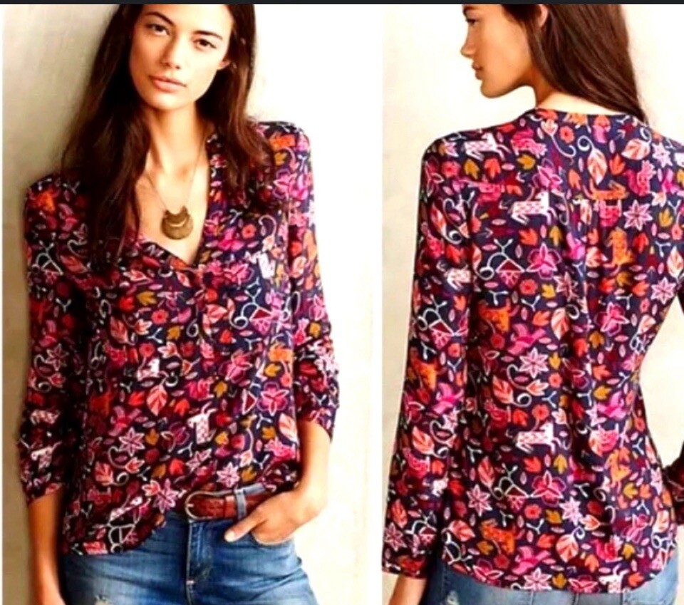 Anthropologie Maeve Primitive Animal Print Nature Artsy Novelty Blouse Size 2