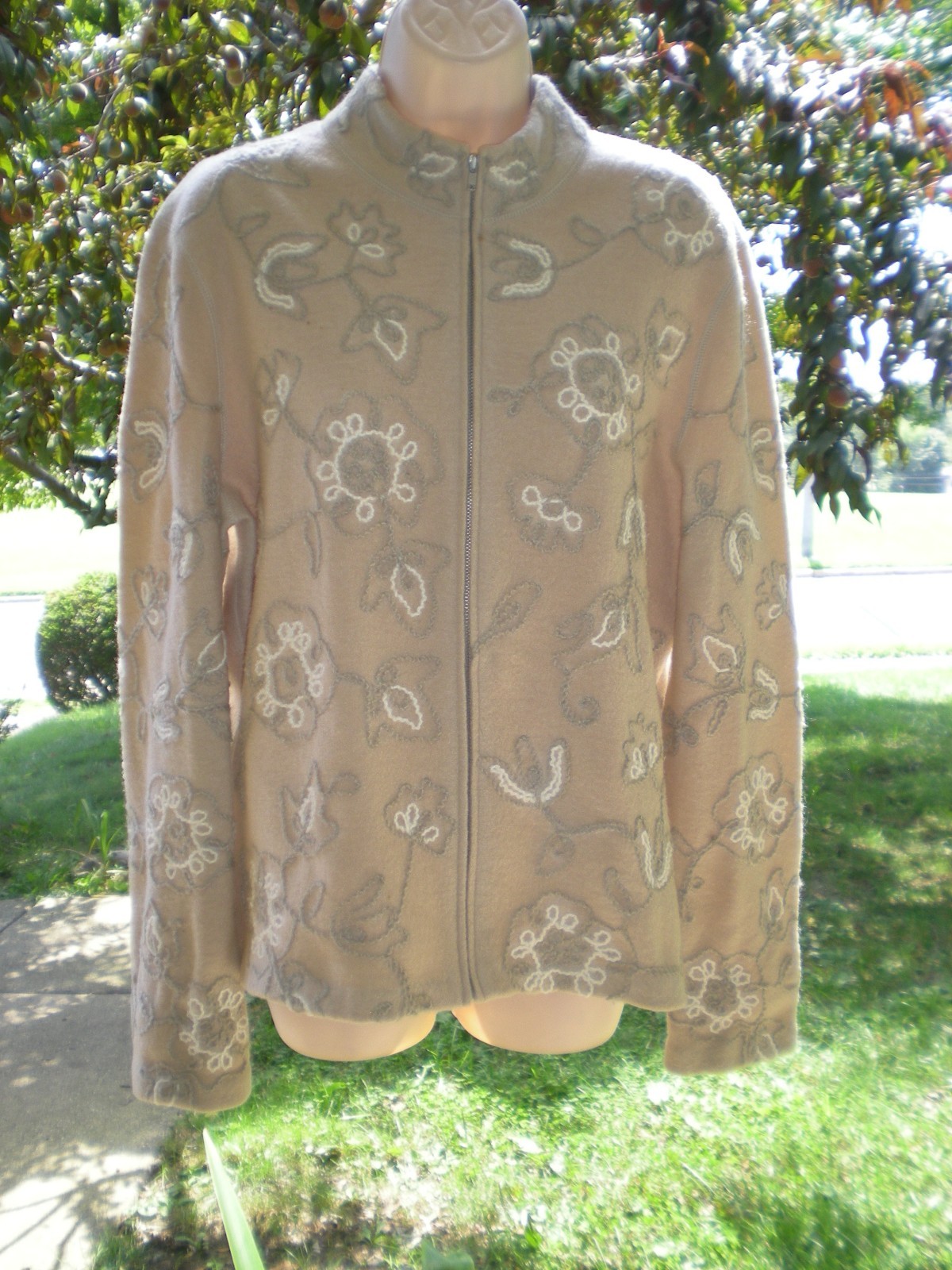 Jones New York Merino Wool Cardigan Sweater Jacket Embroidery Floral Full Zip L