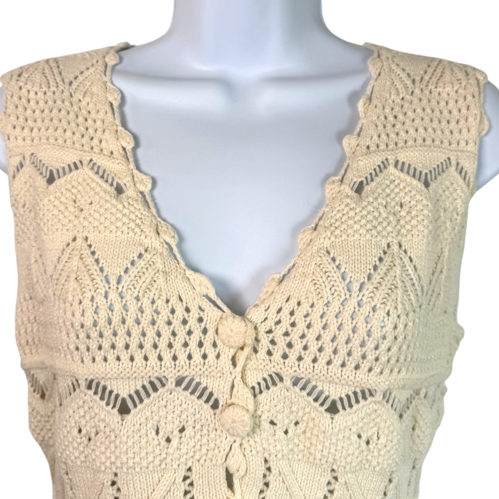 Heartloom Crochet Knit Top Sz S Cream Eyelet Peplum Boho Cottage Country Whimsy