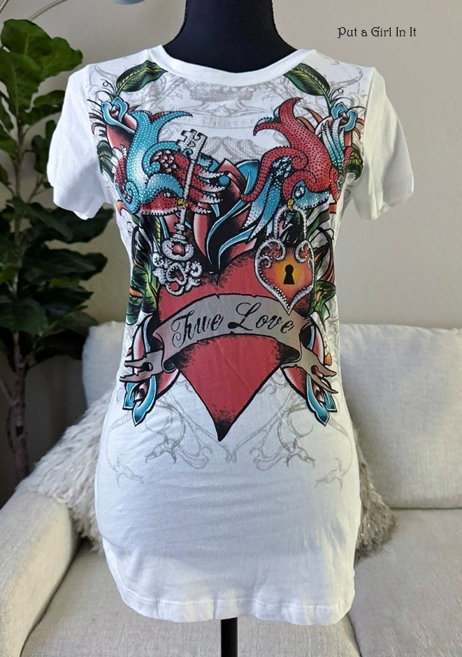 Vocal Apparel Women’s Crystal White Heart Wings True Love Birds Shirt M L Y2K