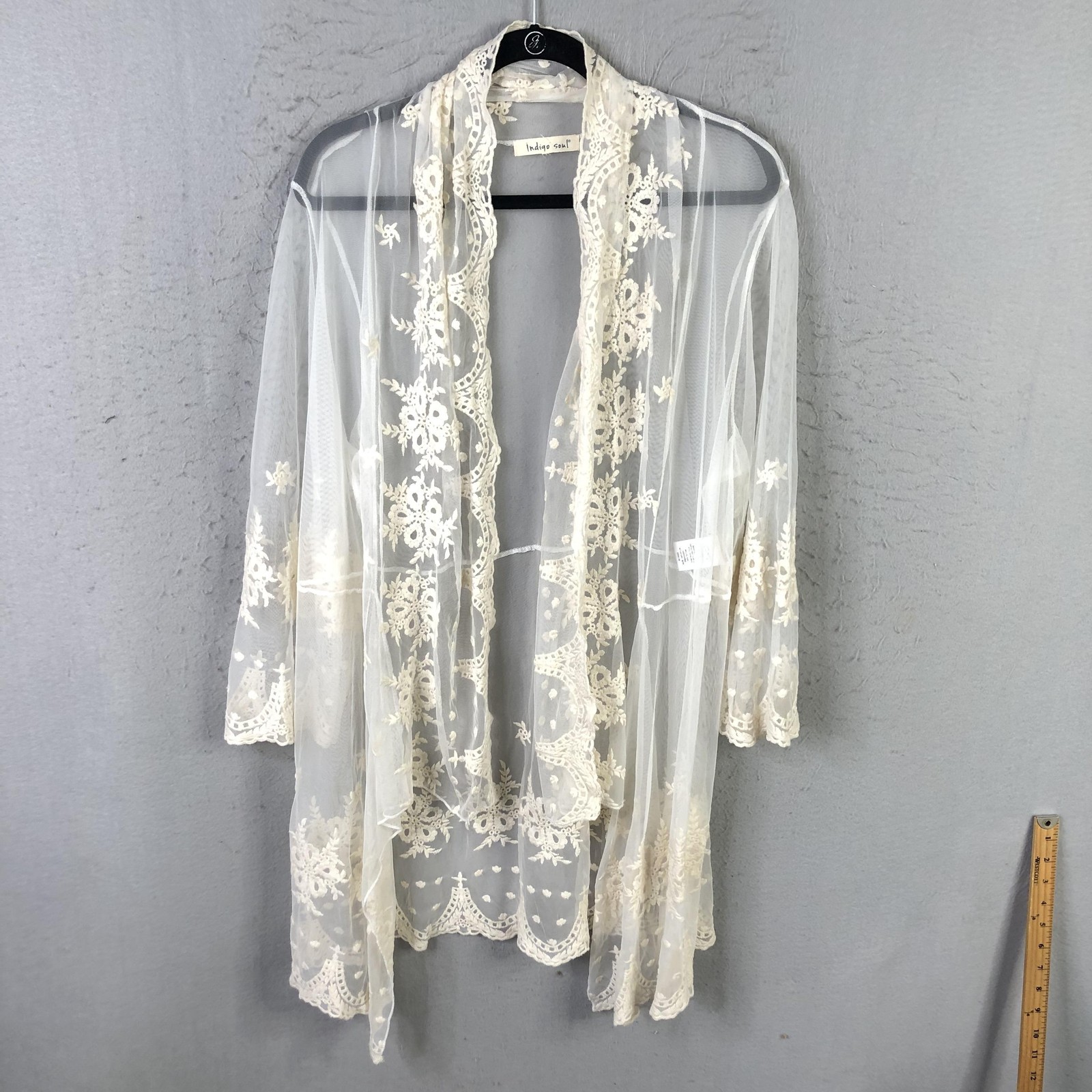 Indigo Soul Kimono Cardigan Womens Large White Sheer Lace Fairy Grunge Victorian