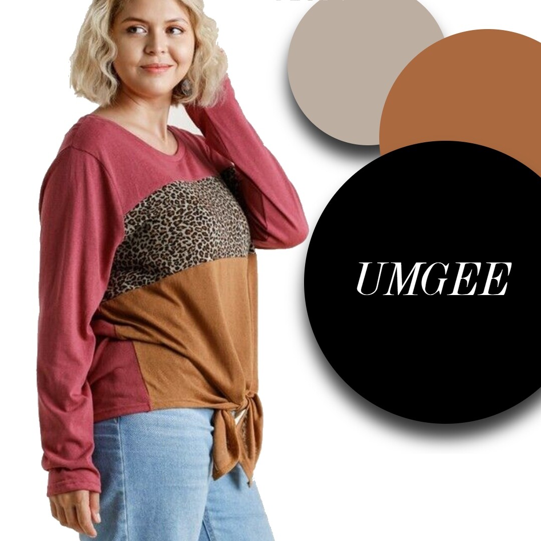 XL-PLUS 1XL 2XL UMGEE DUSTY ROSE Animal/Colorblock Tie Front Top/Blouse BHCS