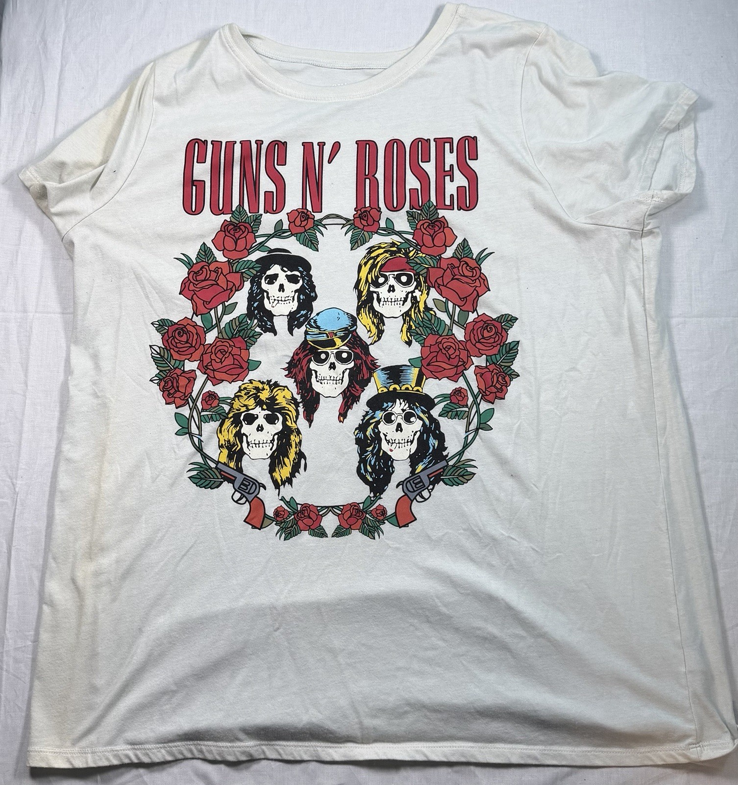 Guns N’ Roses White Graphic T-Shirt Skulls & Roses Band Tee Size 3 Rock & Pop