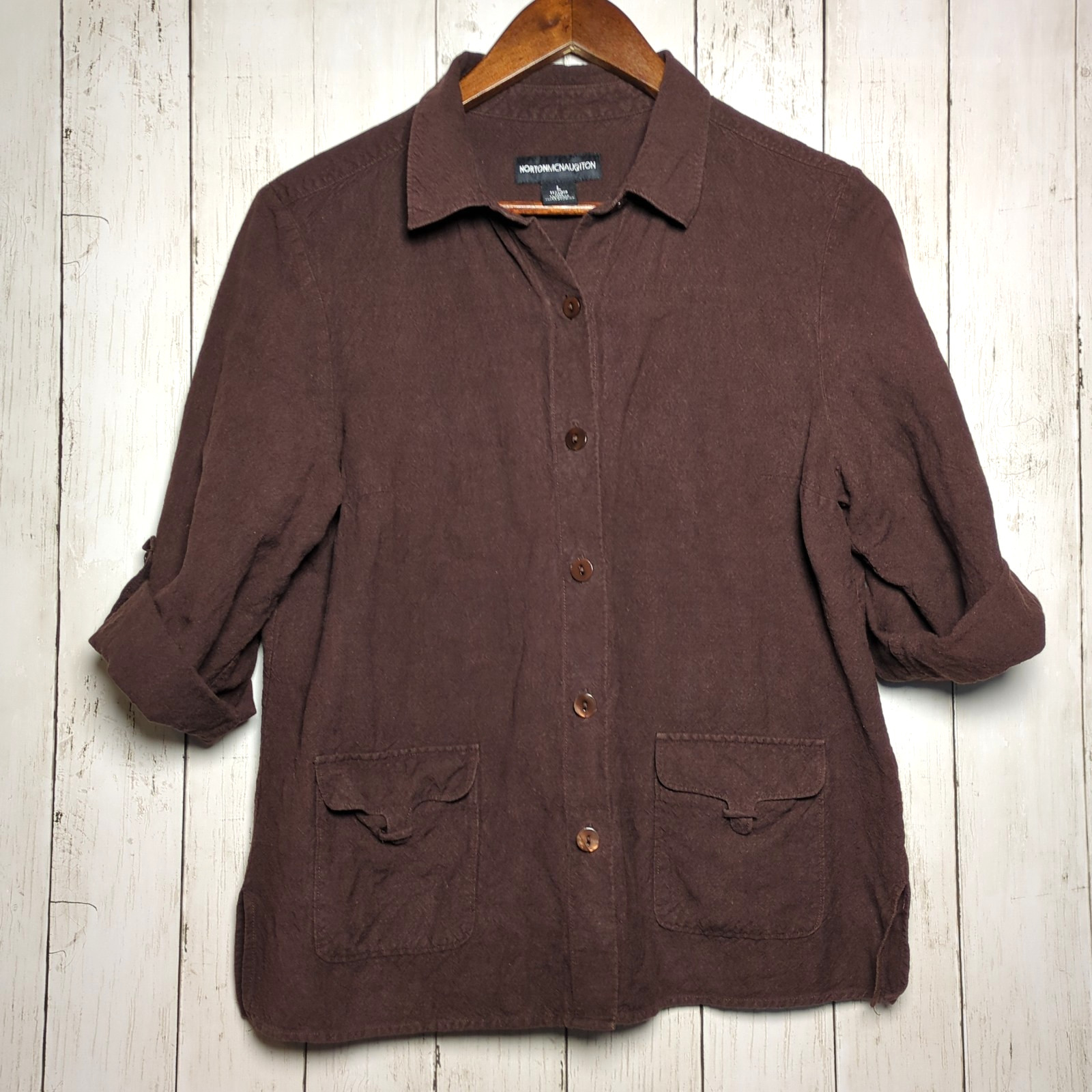 Chocolate Brown Linen Blend Roll Tab Button Down Shirt Size L Norton McNaughton