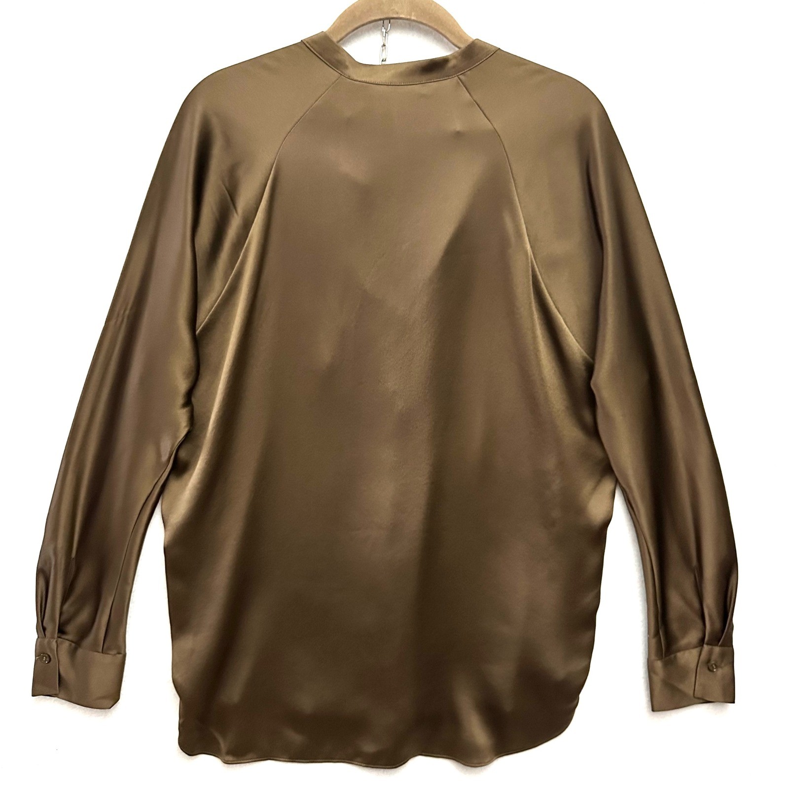 Vince XXS 100% Silk Satin Split Neck Band Collar Blouse Brown Bronze V916611926