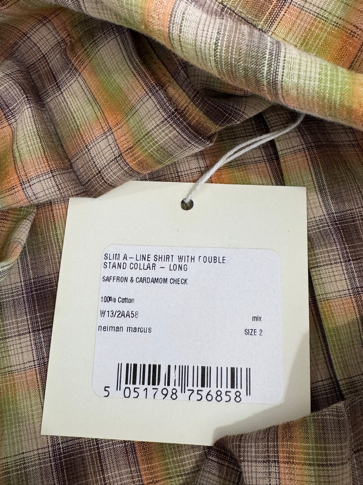 Eskandar Multicolor Check Cotton Double Stand Collar Slim A Line Shirt Sz 2 NEW