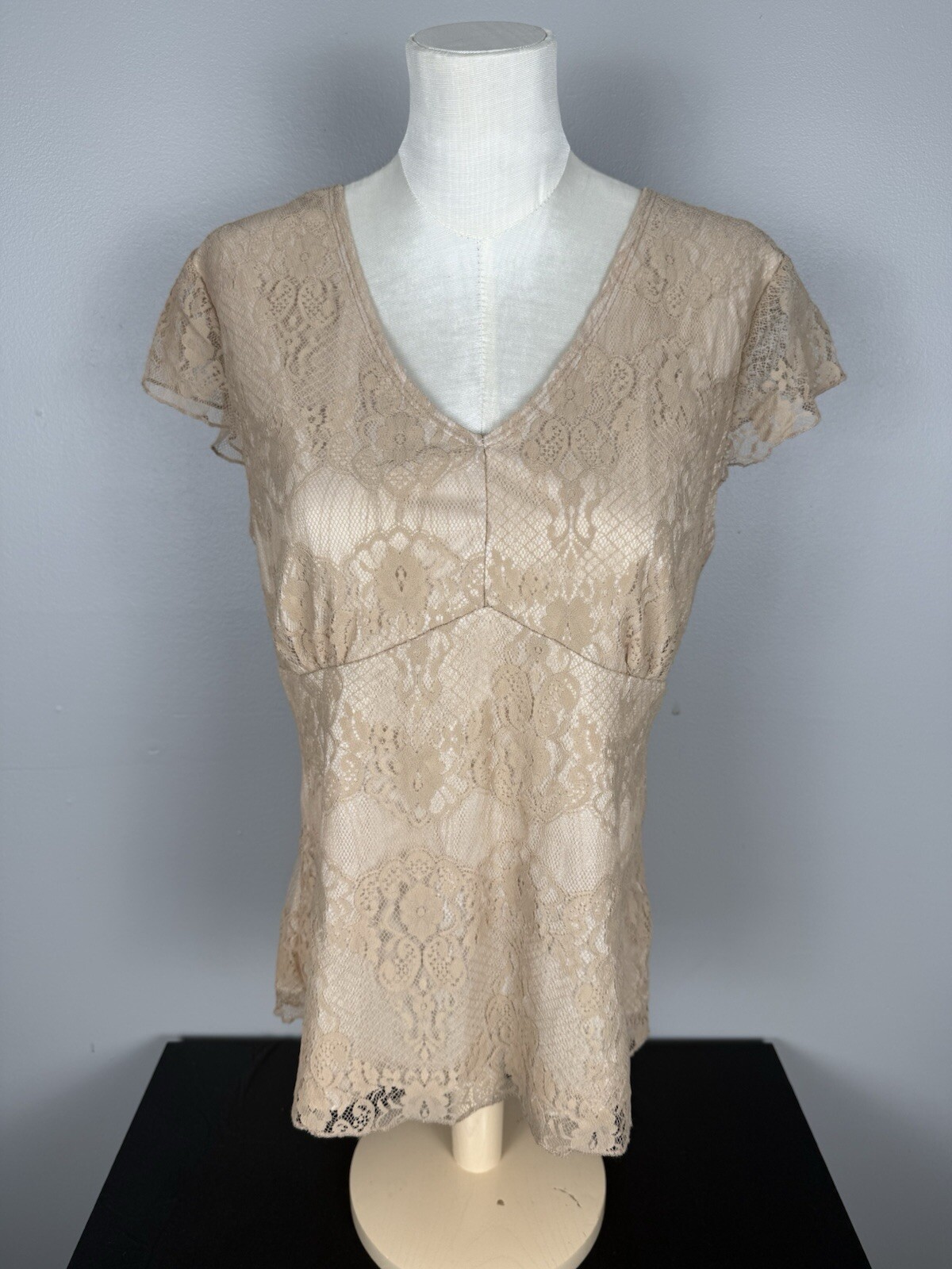 Worthington Stretch Beige Lace Babydoll Top Cottagecore Romantic Feminine Boho