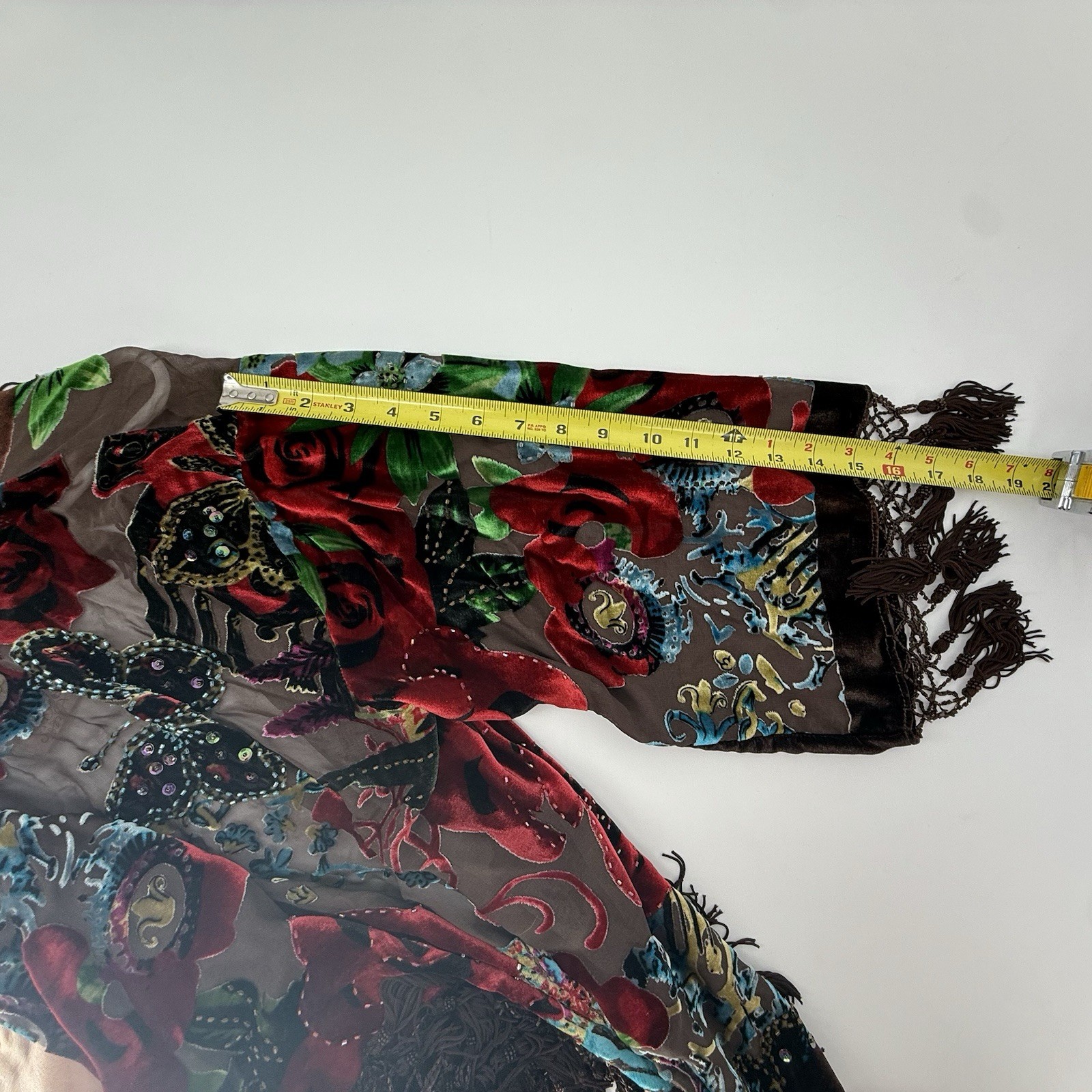 Aris A Kimono Burnout Velvet Floral Boho Beading Tassel Fringe Silk Blend