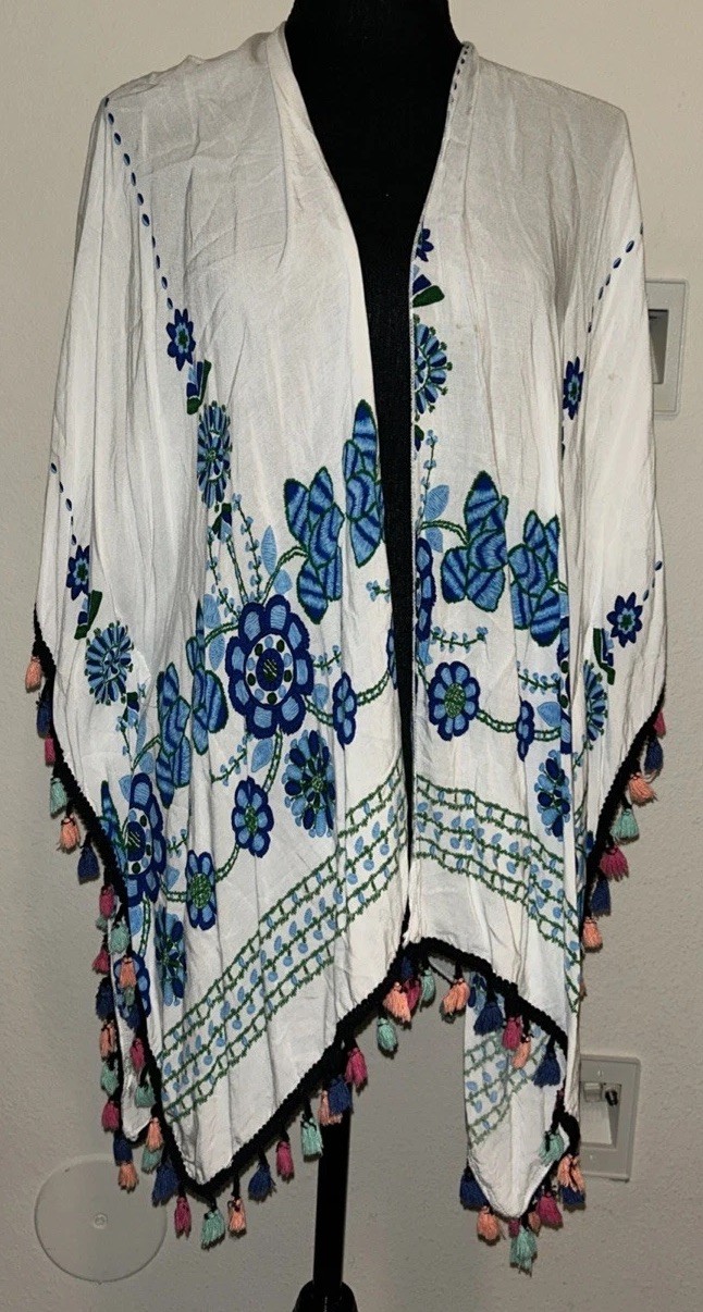 Boho Embroidered Floral Kimono Cardigan White Blue Open Front Fringe Tassel OS
