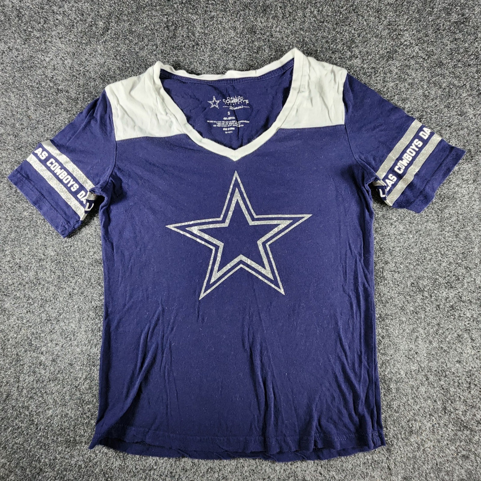 Dallas Cowboys Womens T-Shirt Navy Blue Silver Glitter Star V-Neck Size S NFL