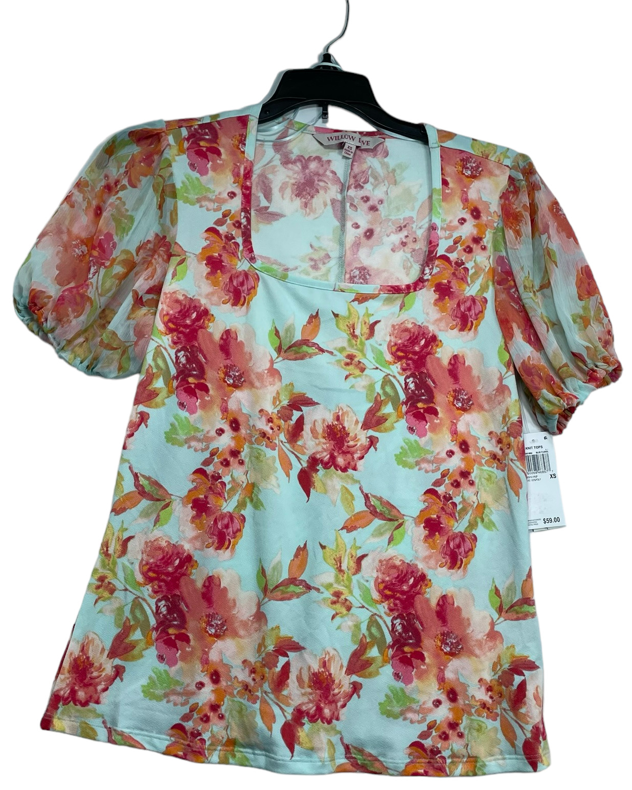 Willow Drive Blouse Womens size XS Pink Blue Floral Square Neck New Stretch