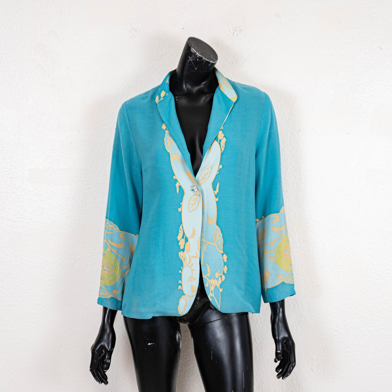 HARARI Silk Turquoise Silk Jacket top Art to wear pattern size Small