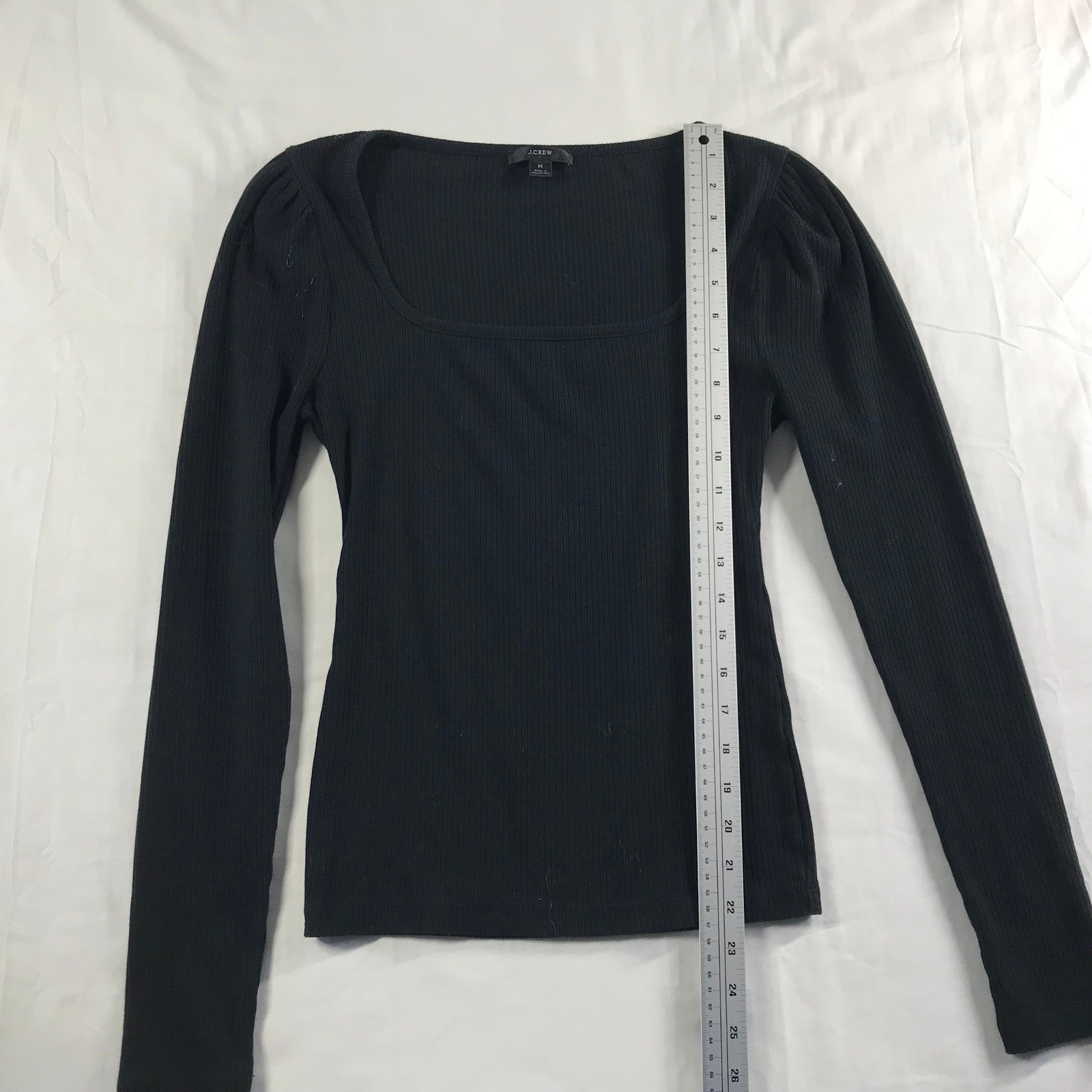 J.Crew Womens Black Ribbed Square Neck Puff Shoulder Long Sleeve Top Size M
