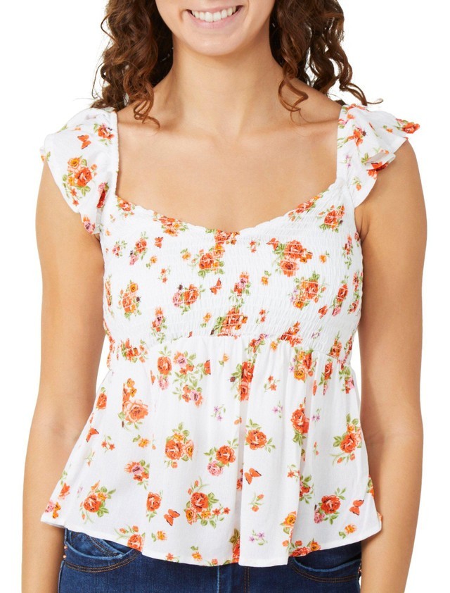 NWT Jolie & Joy Floral Print Smocked Juniors cropped top 100% Rayon Sz L (GG261)