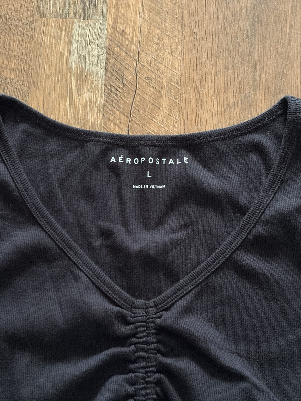 Aeropostale Black Ruched Top Women’s Large Smocked Cinched Front Tie Casual