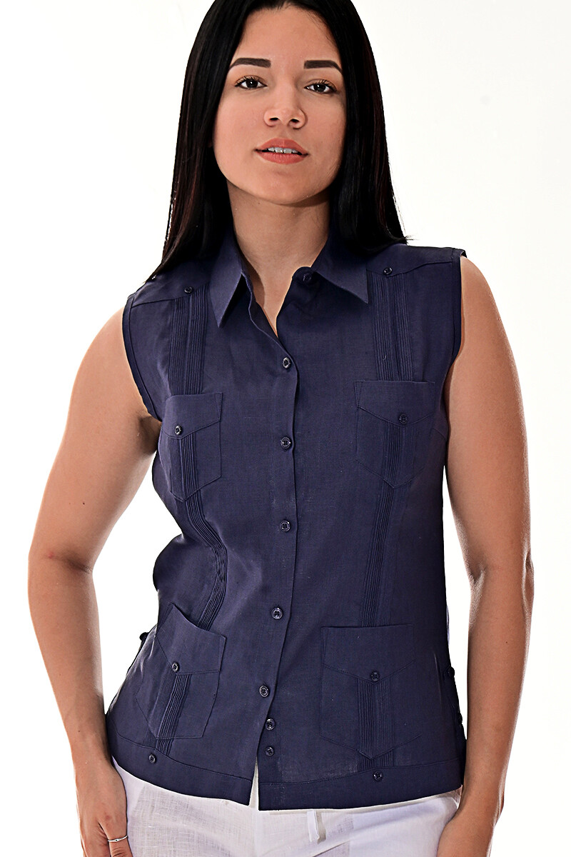 Azucar Ladies Navy 100% Linen Guayabera Traditional (4) Pocket Blouse – LLGB3006