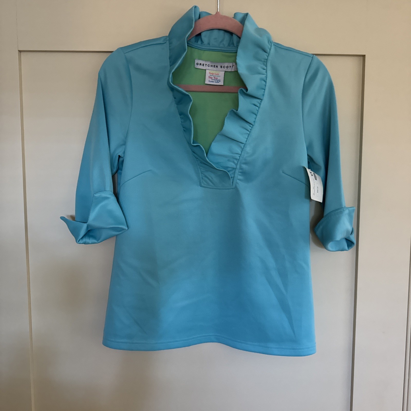 NEW – GRETCHEN SCOTT Jersey Ruffneck 3/4 Sleeve Top – Turquoise – XS