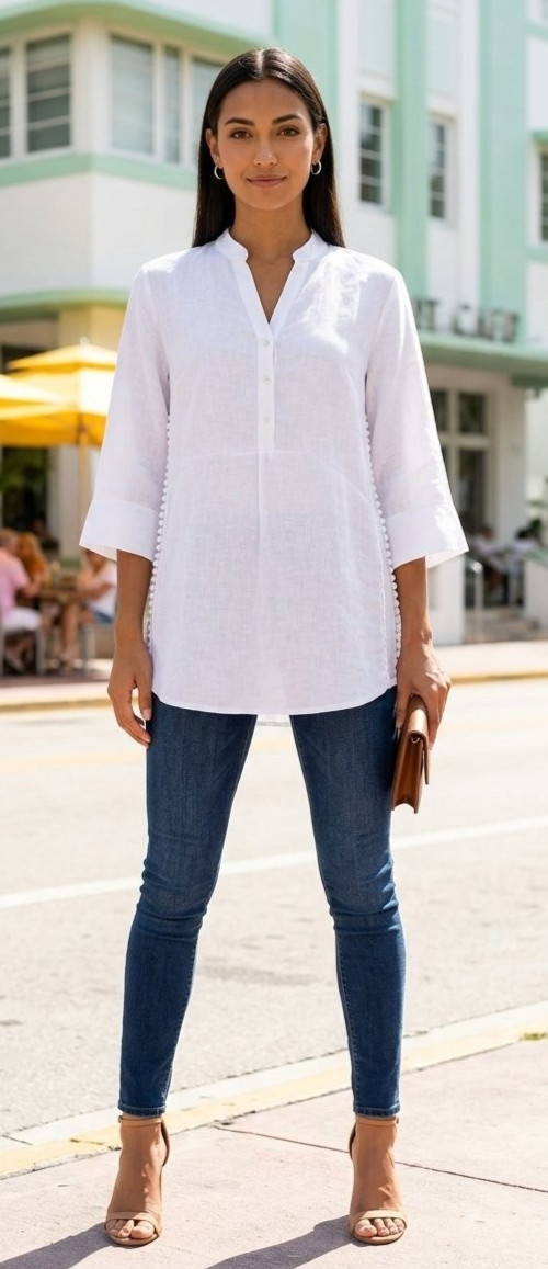 Laura Bianchi Tunic Blouse Coverup Linen Italy Pom Poms Boho Coastal Beachy S