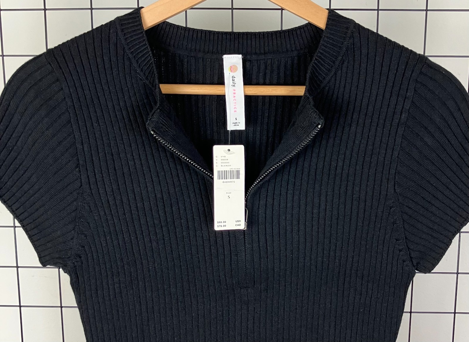 Anthropologie Womens Daily Practice Ribbed Half Zip Knit Top Black Small NWT $68