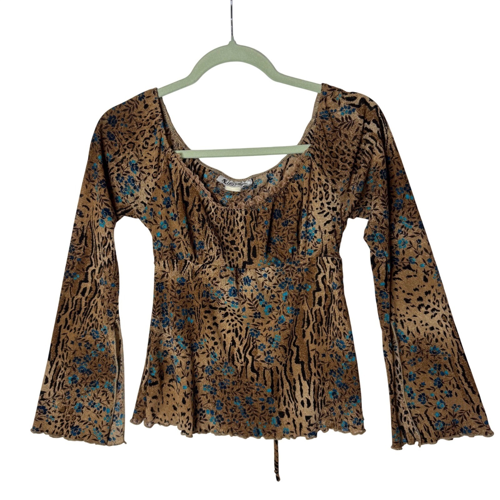 Y2K Self Empire Top M Brown Lace Bell Sleeve Boho Tie Back Babydoll Going READ
