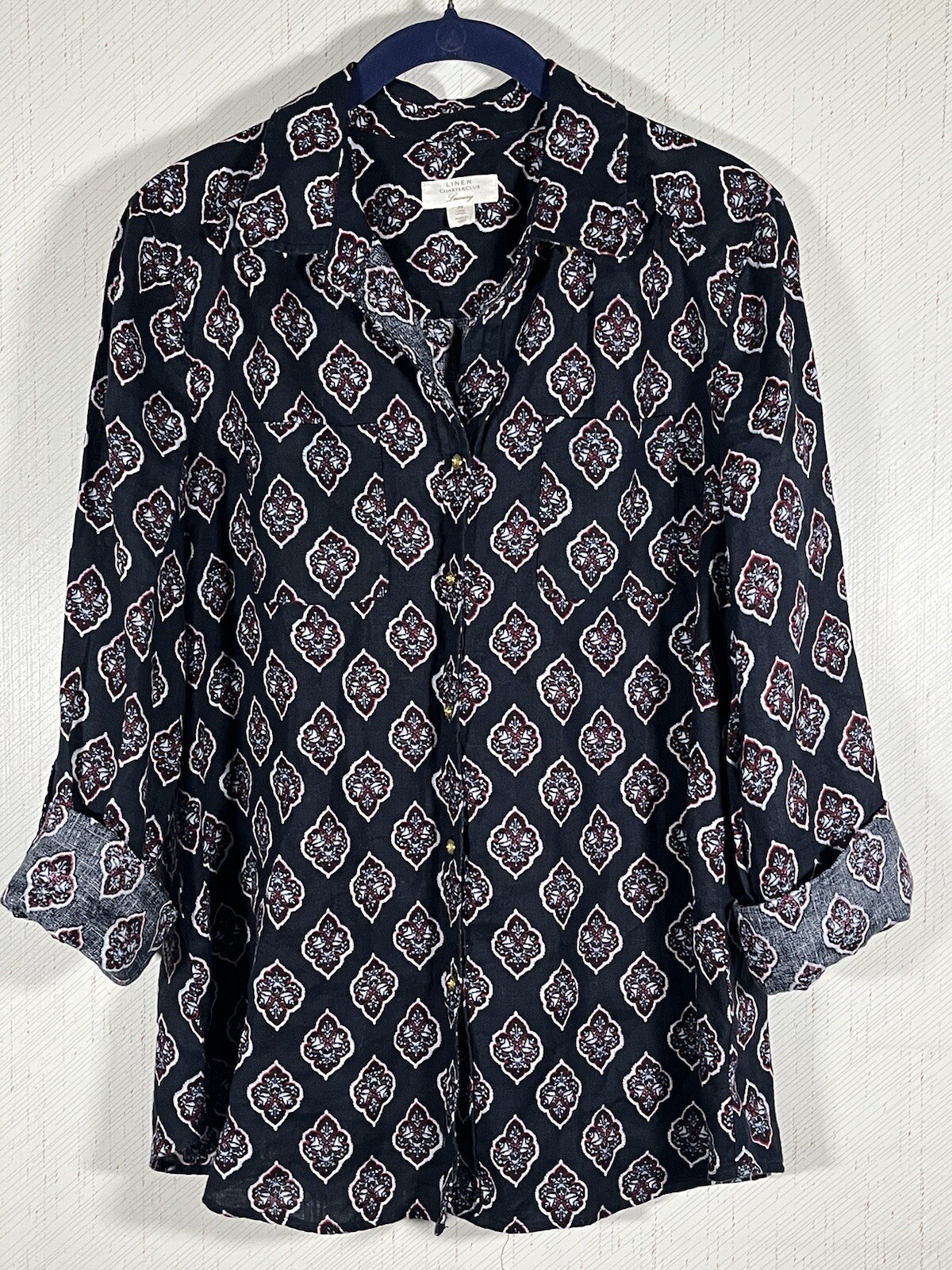 Charter Club Luxury Linen Blouse All Over Print Blue & Red Front Button Shirt M