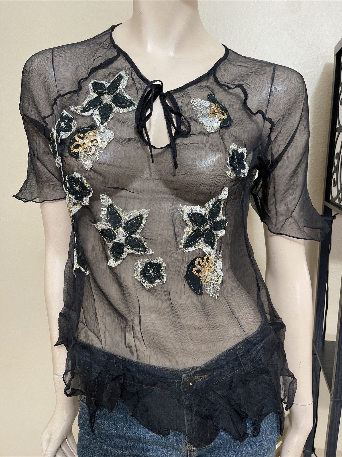 Women’s Black Silk Casual Summer Sheer Beaded Embroidered Lace Size L Blouse Top