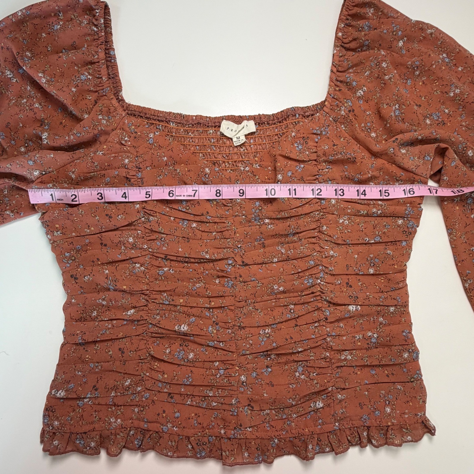 Promesa Rust Floral Ruched Long Sleeve Blouse Square Neck Smocked Cuff Medium