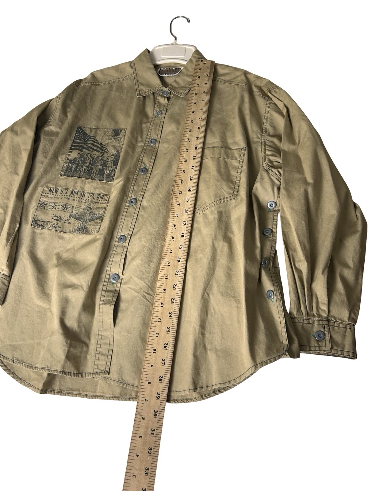 Gitano Graphic Army Print Button Up Shirt Jacket Sz XL Khaki Deconstructed READ