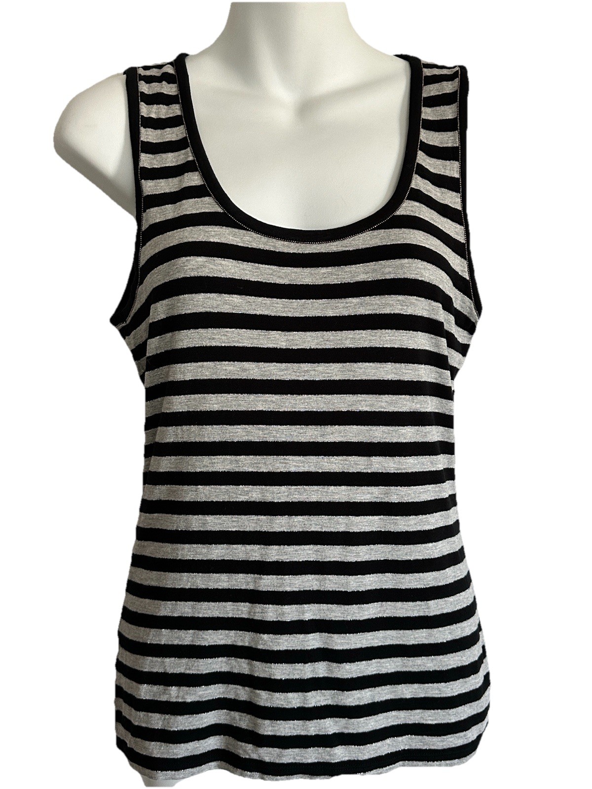 Ann Taylor Black & Gray Striped Silver Glitter Trim Women’s M Tank Top