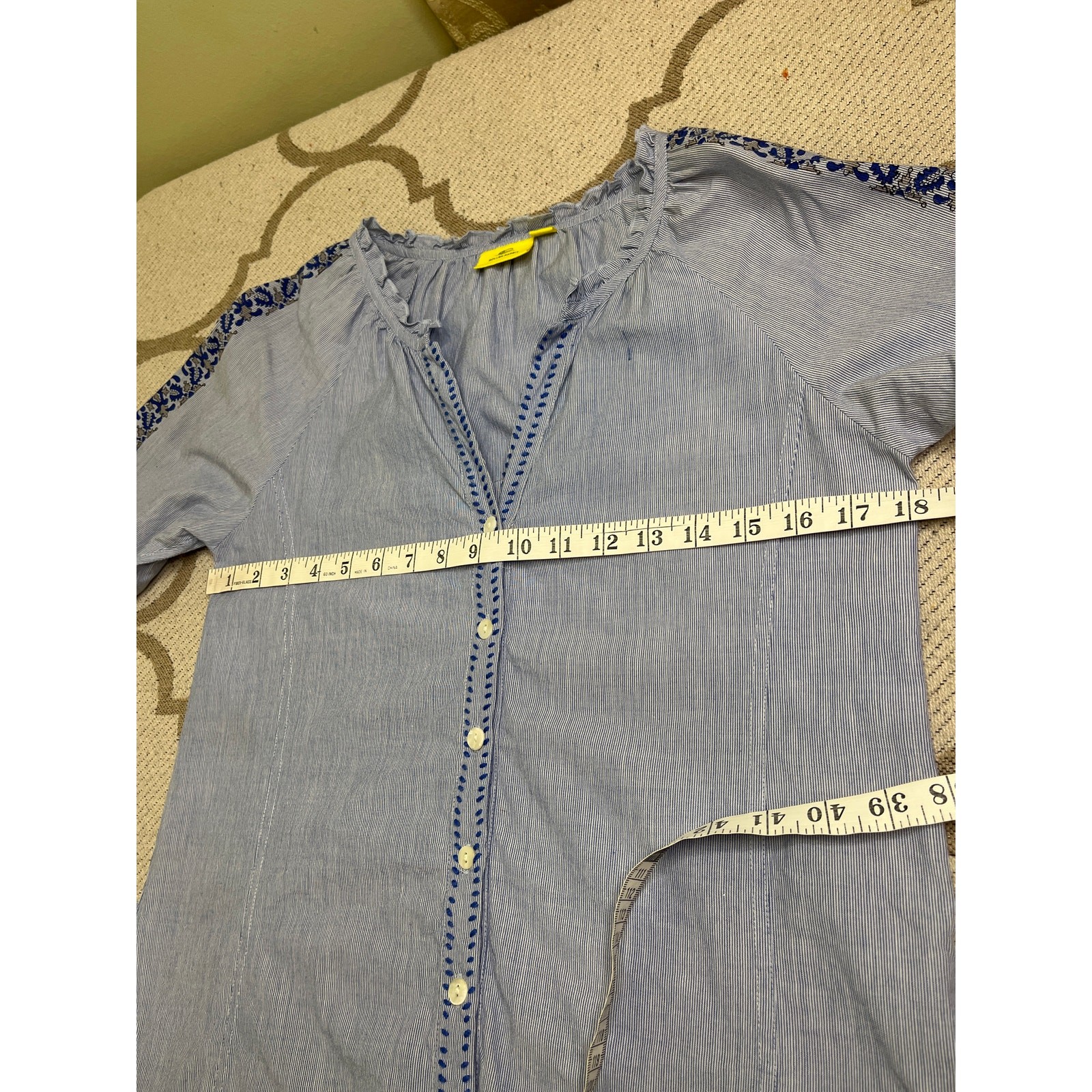 Roller Rabbit Womens Top Blue Striped V Neck Blouse Floral 3/4 Sleeve, Size XS