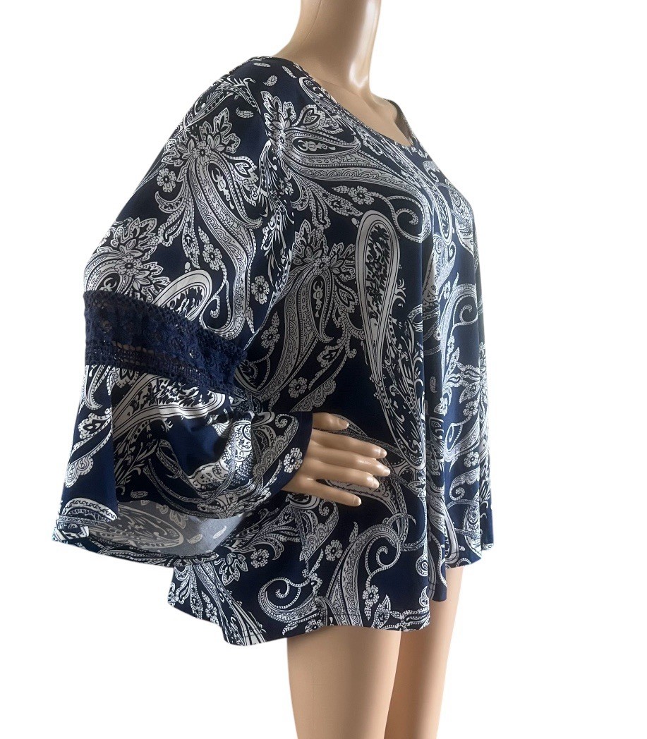 Roommates Women’s Tunic Paisley Floral Blue White Flare Sleeves Plus Size 3X