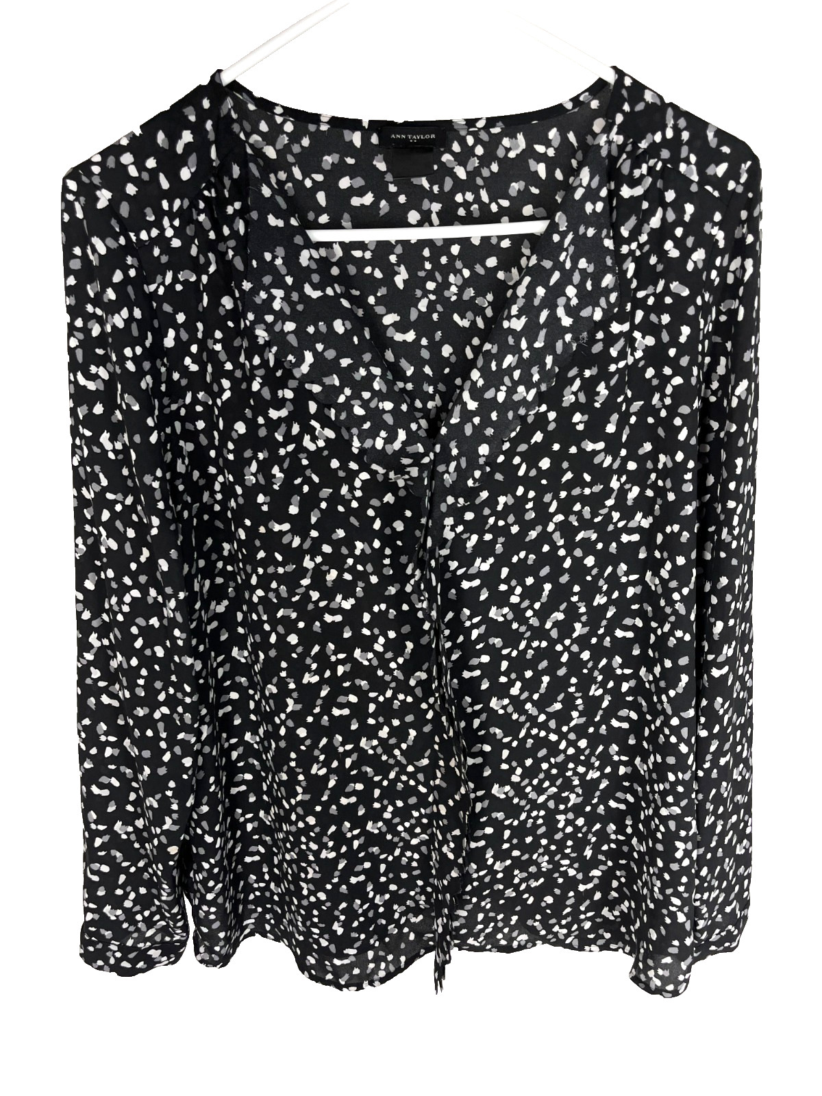 ANN TAYLOR Blouse Size Medium Black Gray Ruffle Sheer Ditzy Flirty Office Top
