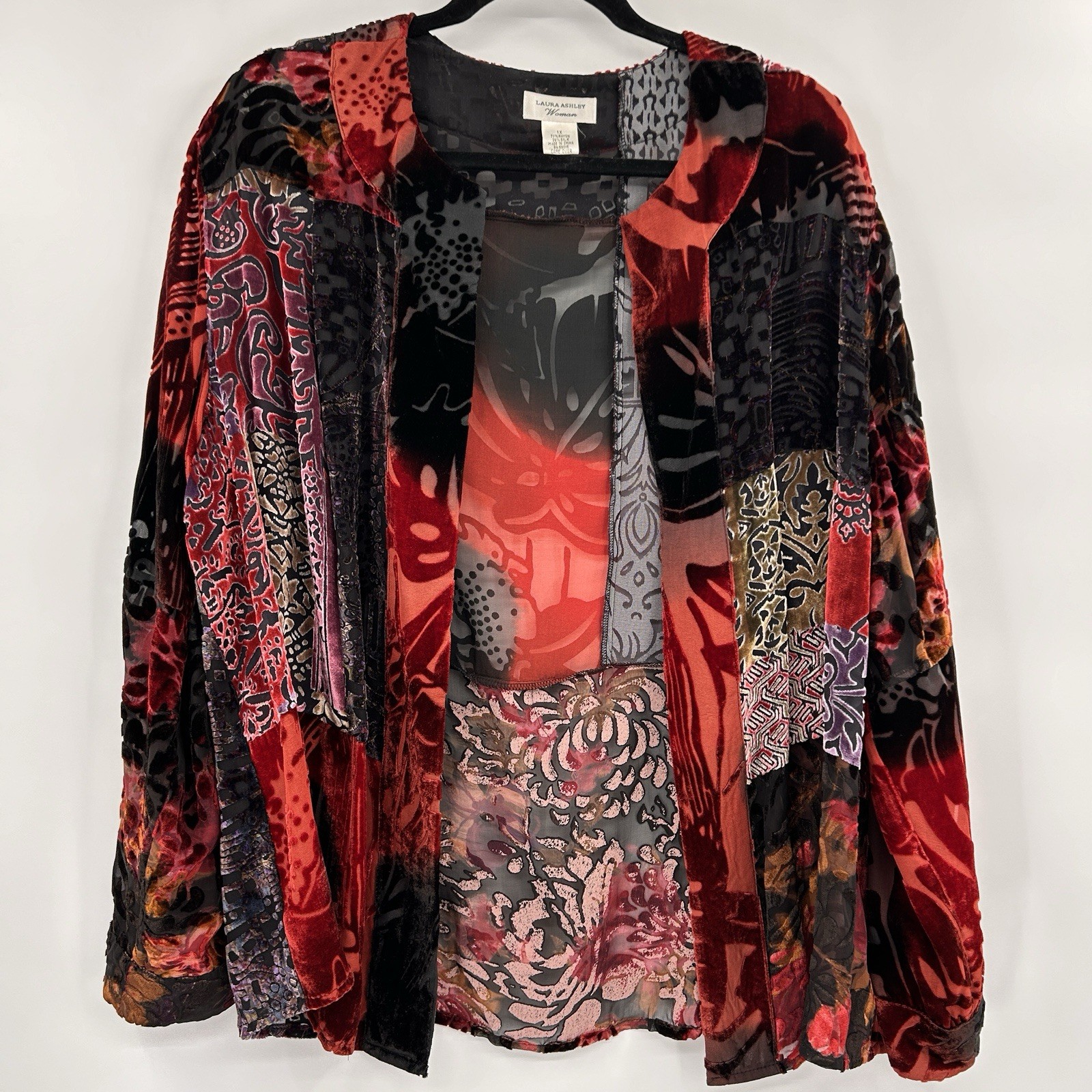 Laura Ashley Womens Velvet Burnout Whimsigoth Silk Blend Jacket 1X Patchwork