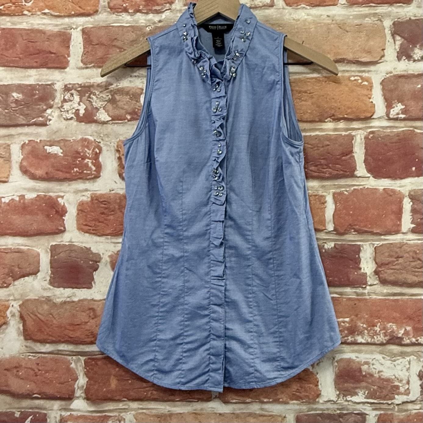 White House Black Market Top Womens 2 Blue Ruffle Faux Diamond Sleeveless Shirt