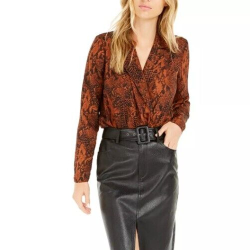 Bar III Becca Tilley Surplice Bodysuit Womens S Snakeskin Print Long Sleeve Top